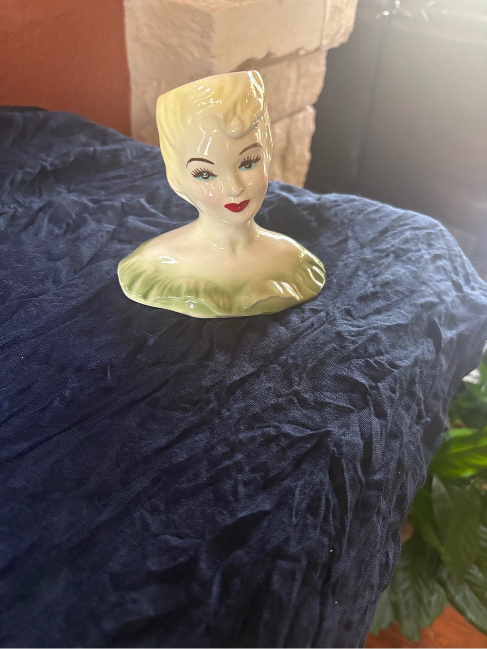 Source Unknown Yellow and Green Ceramic Lady Head Vase Bust
